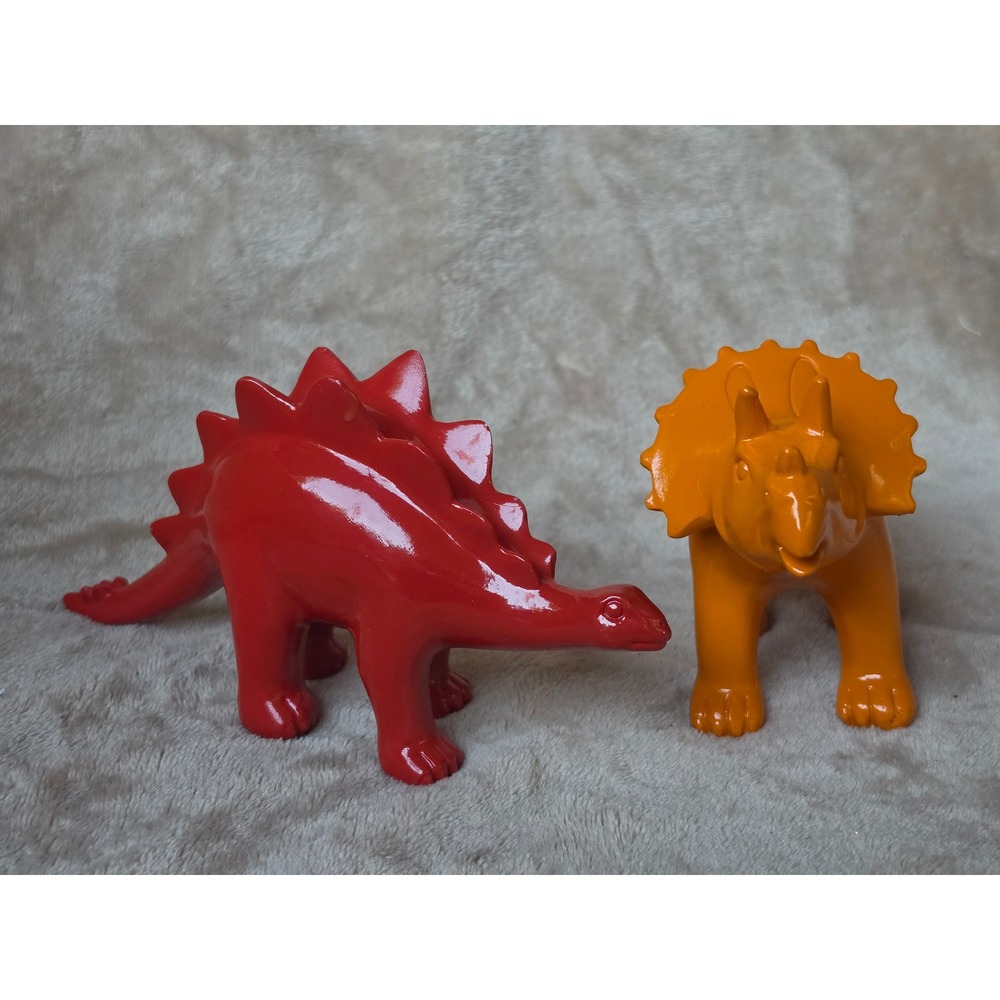 Ceramic Dinosaur Figurine Set Red Stegosaurus Orange Triceratops Glossy Decor